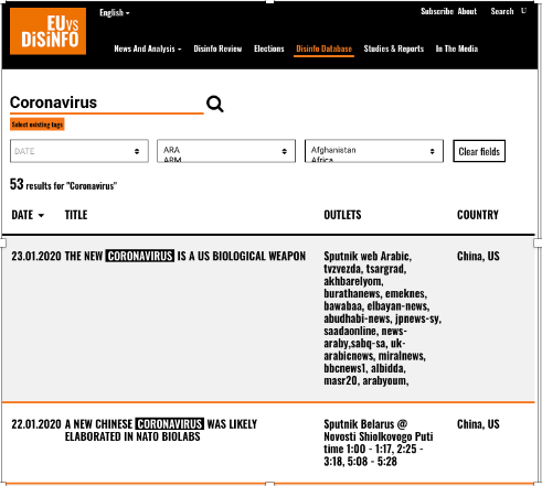 EUvsDisinfo Database search results 