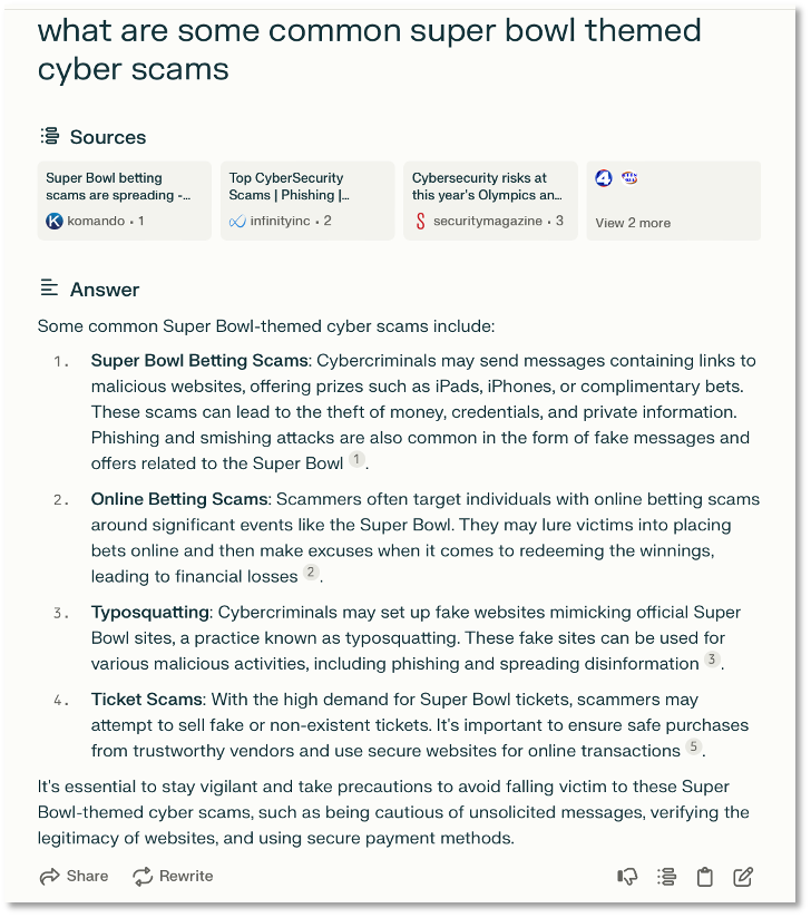 Figure 4. Perplexity.ai overview of Super Bowl themed Cyber Scams