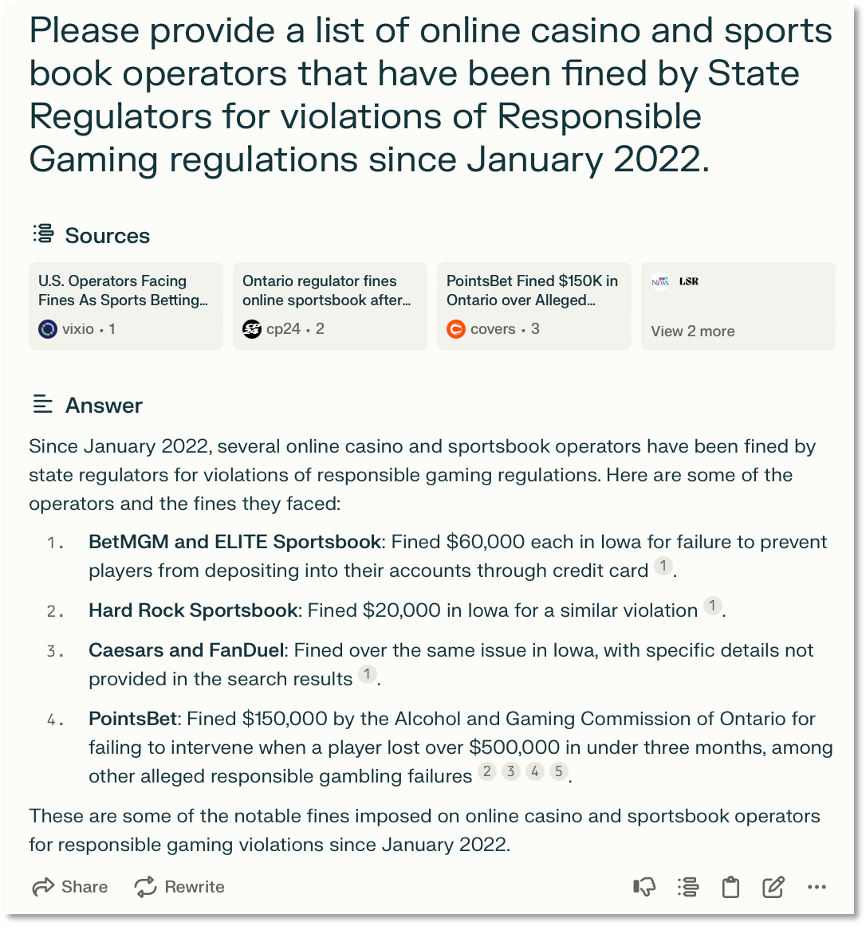 Figure 7. Perplexity.ai on Responsible Gaming Fines Since January 2022 (partial)